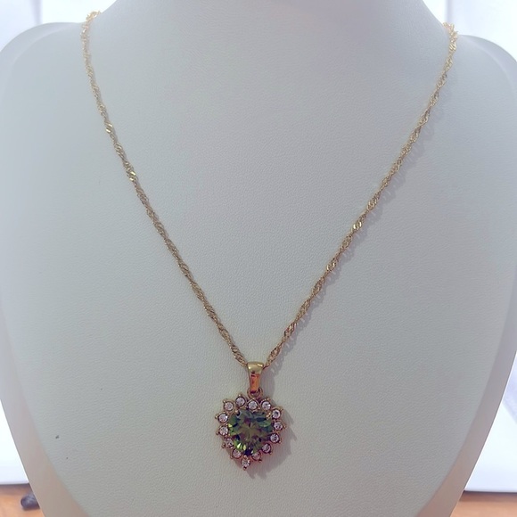 18K Gold Plated Green Cubic Zirconia Heart Pendant Necklace - Picture 1 of 8